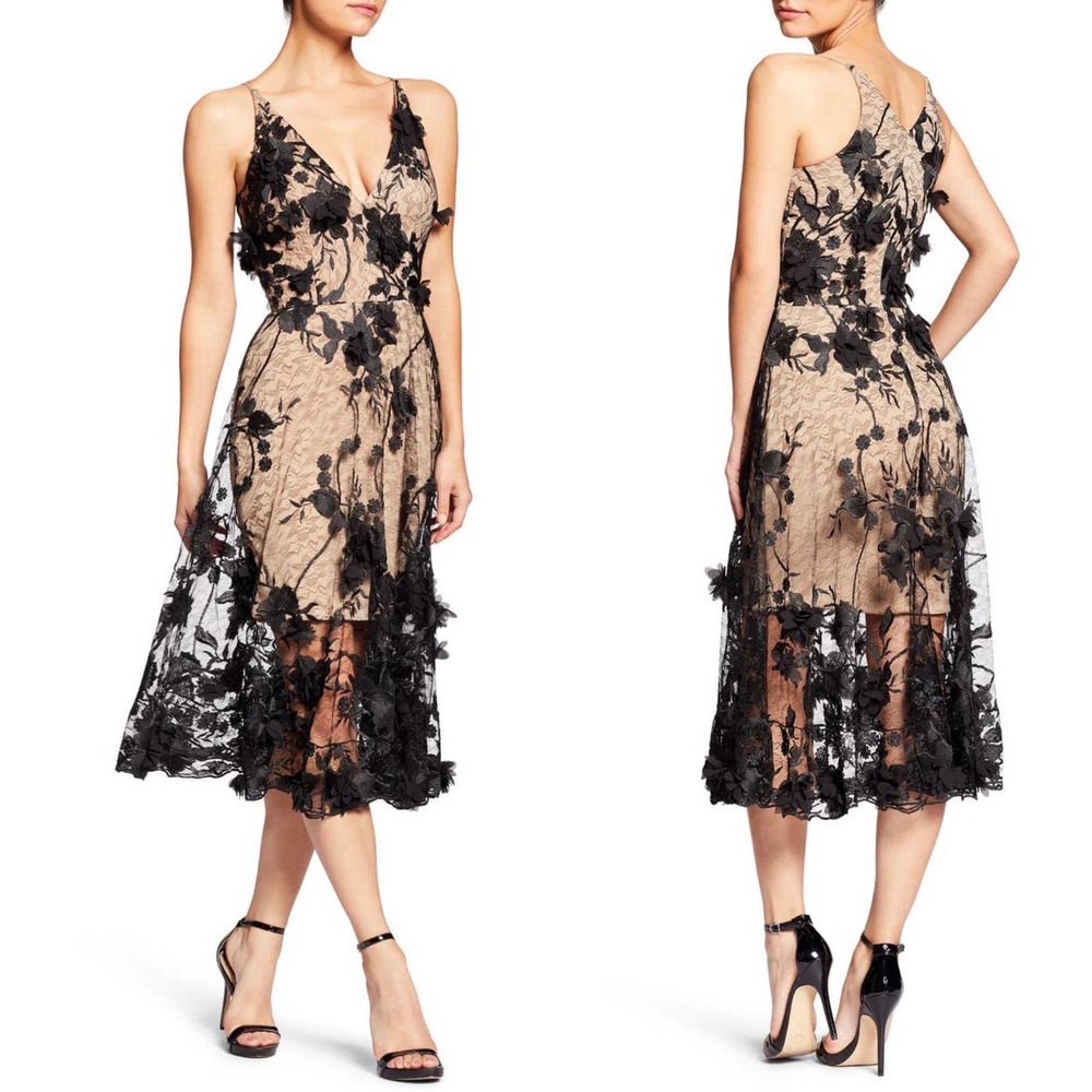 DRESS THE POPULATION Audrey A-Line Dress in Black Nude Floral Lace Size Medium